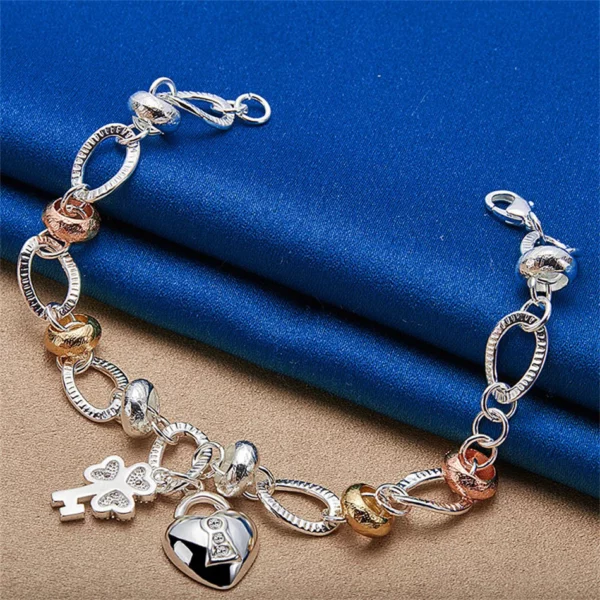 Bracelet en Argent Sterling 925 8 Pouces avec Cadenas en Forme de Cœur – Bijoux de Mariage et Fiançailles pour Femme et Couple